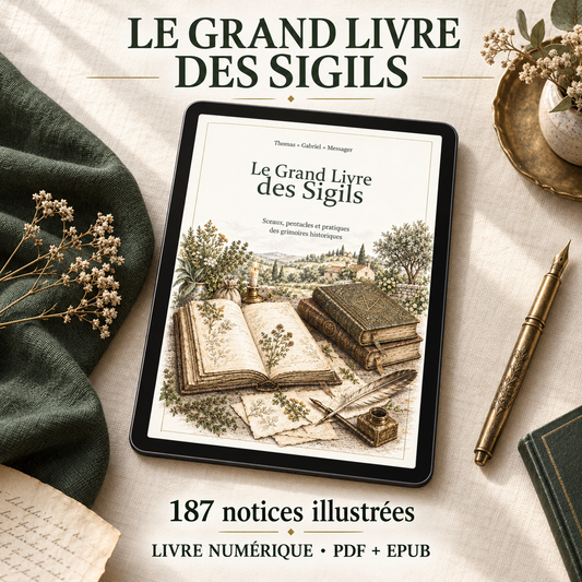Le Grand Livre des Sigils présenté sur une tablette, 187 notices illustrées, livre numérique PDF et EPUB.