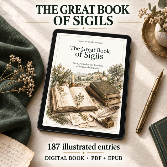 The Great Book of Sigils displayed on a tablet, 187 illustrated entries, digital book in PDF and EPUB.