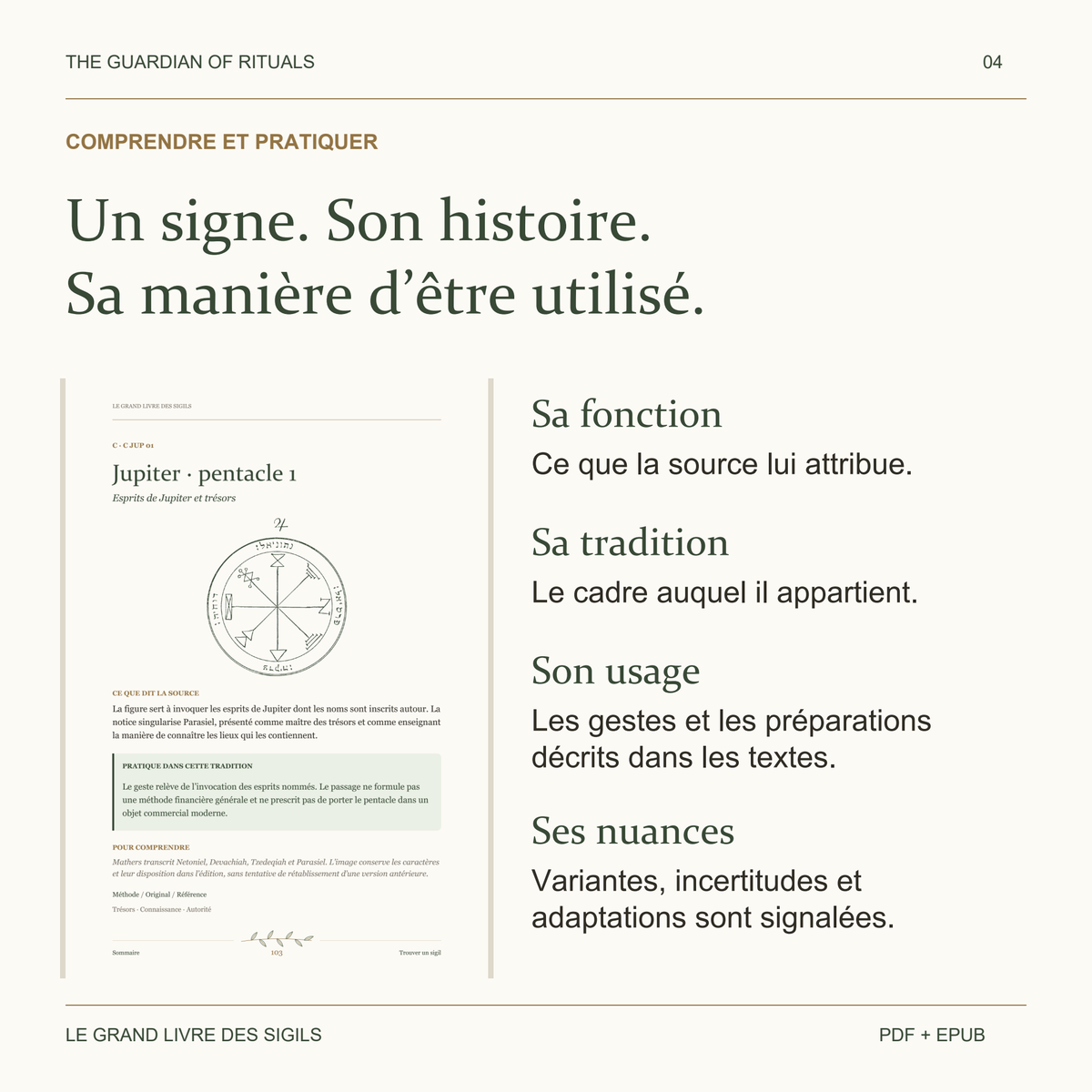 Aperçu d’une notice du livre, accompagnée de quatre repères : fonction, tradition, usage et nuances.