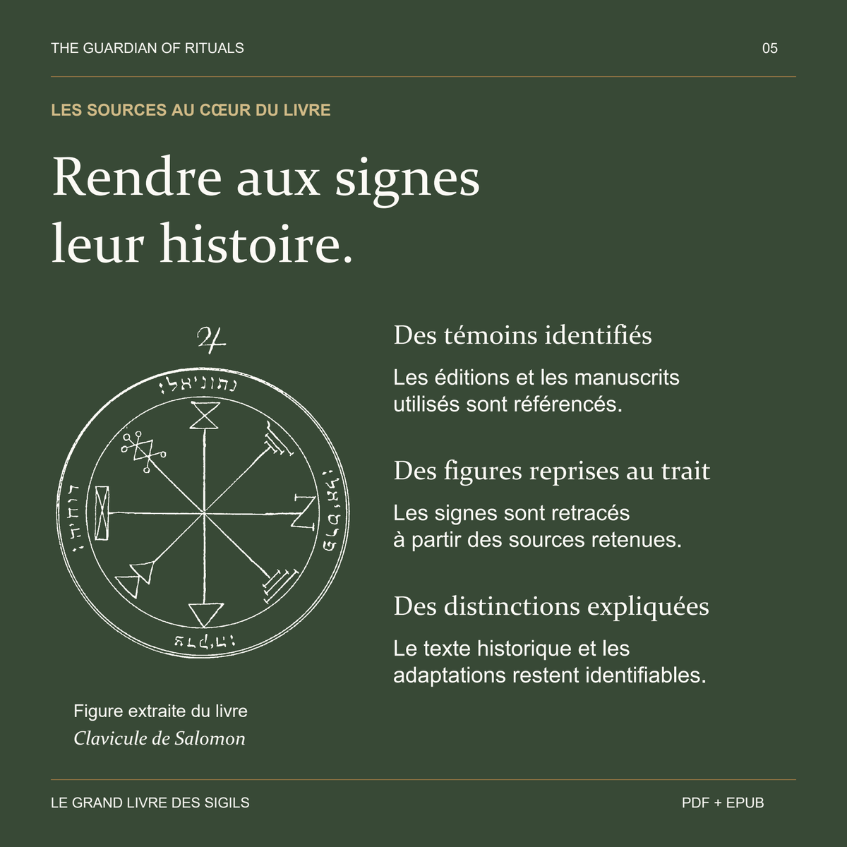 Un pentacle extrait du livre illustre la présentation des témoins historiques, des figures retracées et des variantes.