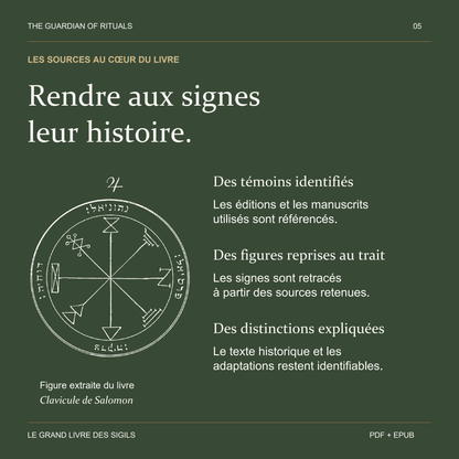 Un pentacle extrait du livre illustre la présentation des témoins historiques, des figures retracées et des variantes.