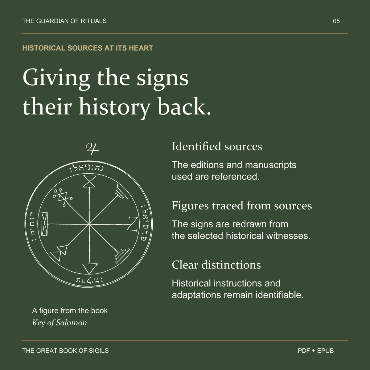A pentacle from the book accompanies an explanation of historical sources, traced figures and clearly identified adaptations.