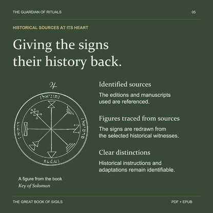 A pentacle from the book accompanies an explanation of historical sources, traced figures and clearly identified adaptations.