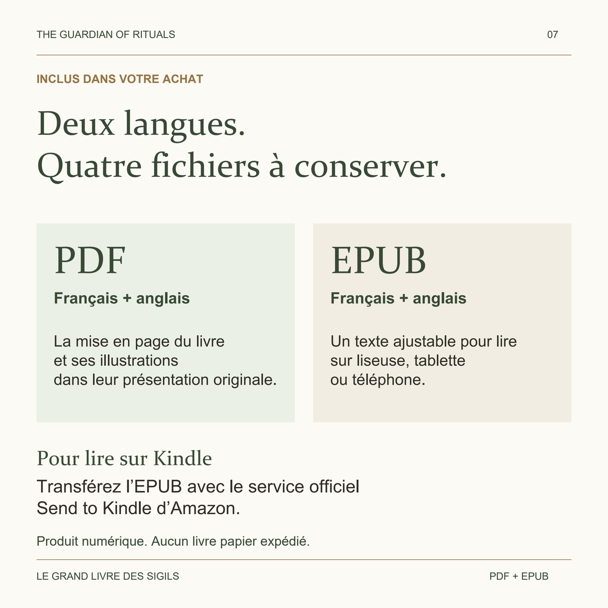Chaque achat comprend quatre fichiers : PDF français, PDF anglais, EPUB français et EPUB anglais. Lecture sur Kindle via Send to Kindle.