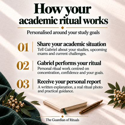 How your academic ritual works: share your studies, upcoming exams and challenges, Gabriel performs the ritual, then sends a written report, real ritual photo and practical guidance.