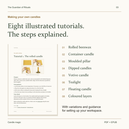 Eight candle making tutorials, with an actual extract from the rolled beeswax tutorial.