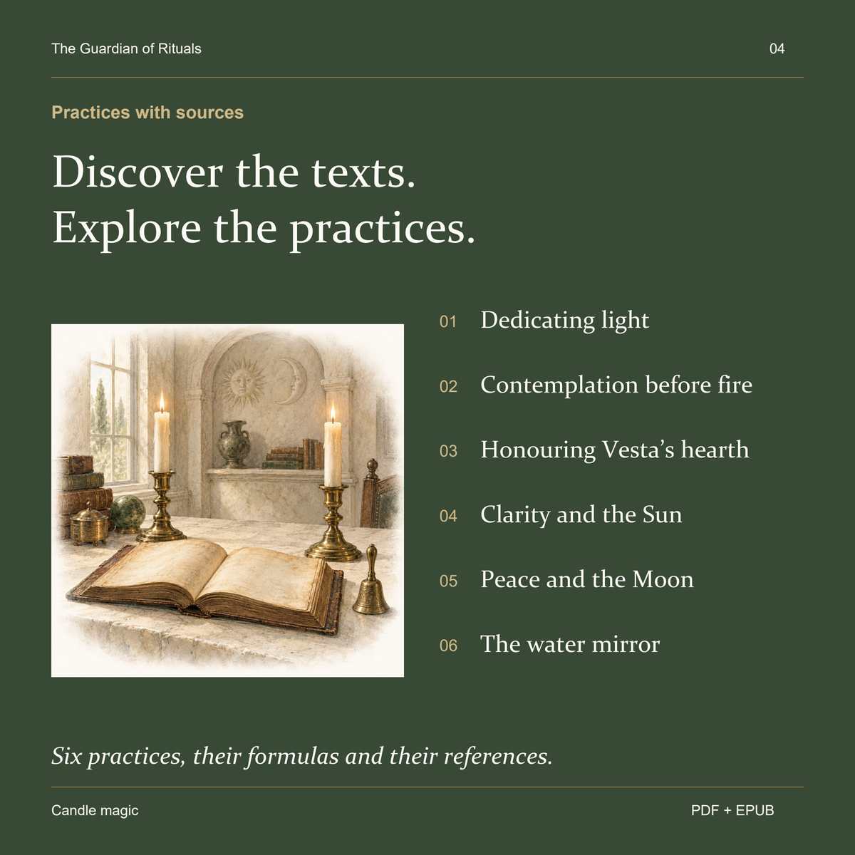 Six sourced practices centred on consecration, fire, Vesta, the Sun, the Moon and the water mirror.
