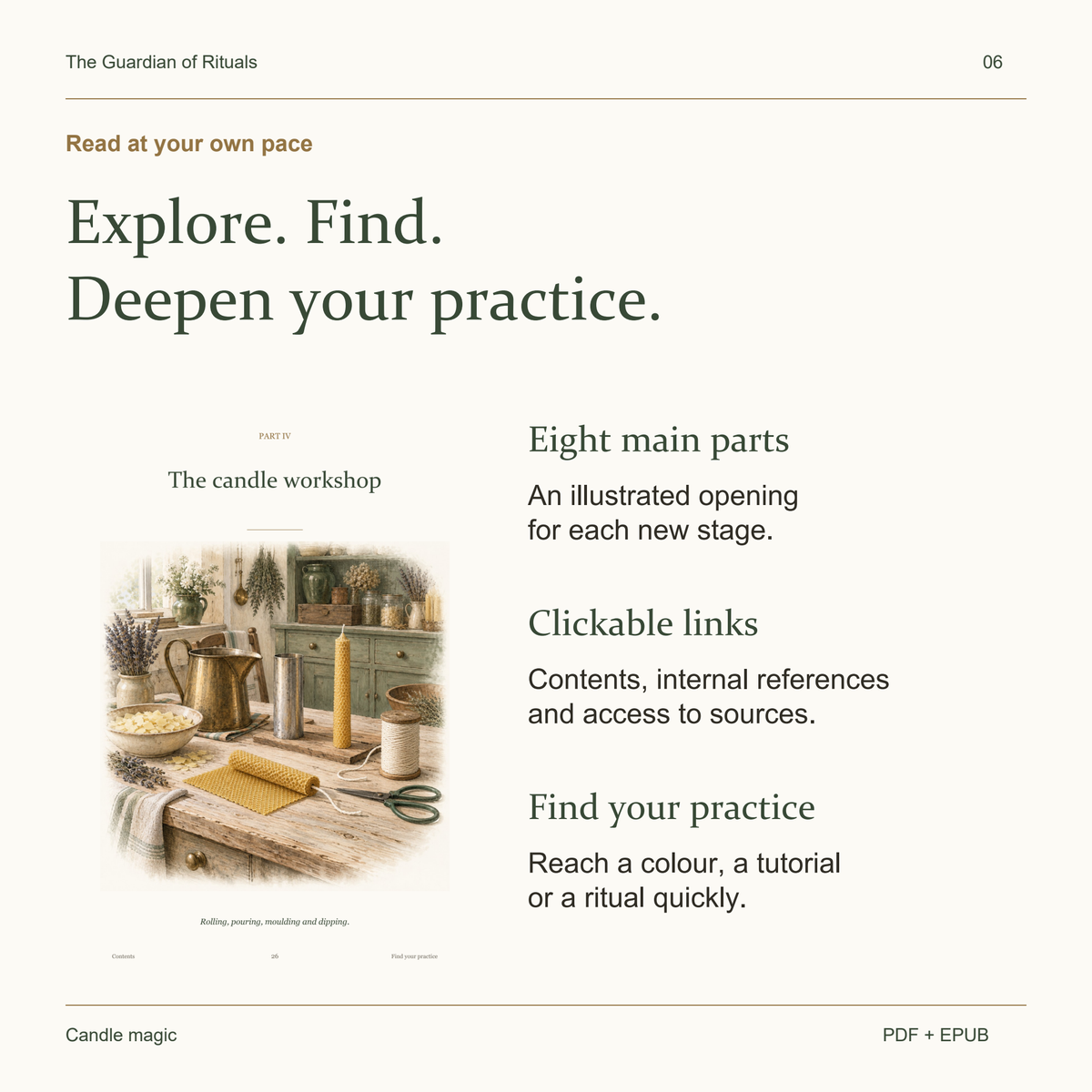Eight illustrated parts, clickable contents and navigation by practice.