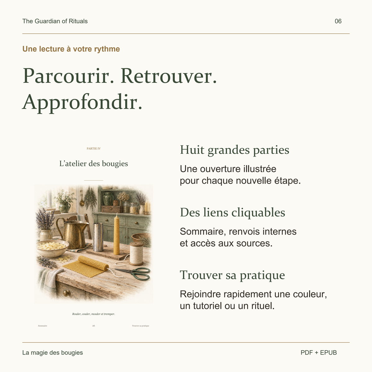 Huit parties illustrées, sommaire cliquable et navigation par pratique.