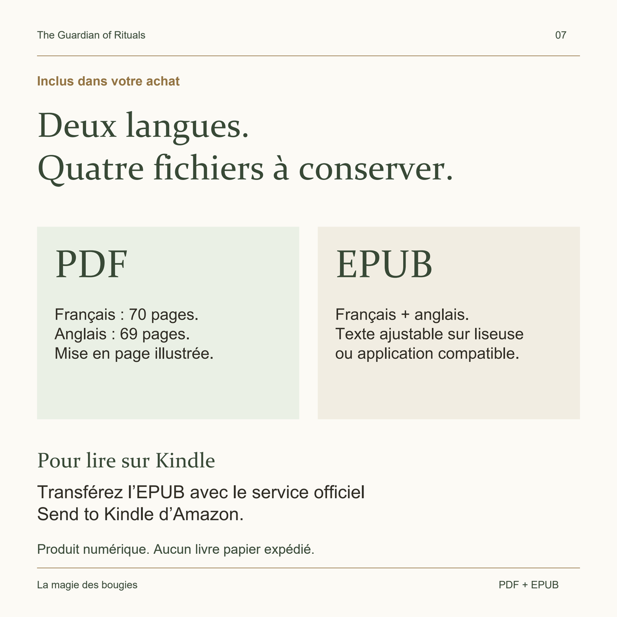 Quatre fichiers inclus : PDF de 70 pages en français, PDF de 69 pages en anglais, et EPUB dans les deux langues.