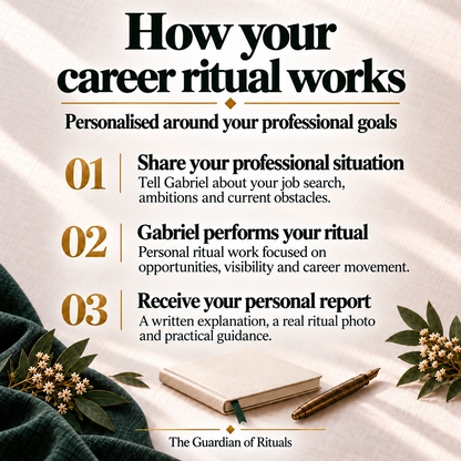 How your career ritual works: share your professional situation and goals, Gabriel performs your personal ritual, then sends a written report, real ritual photo and practical guidance.