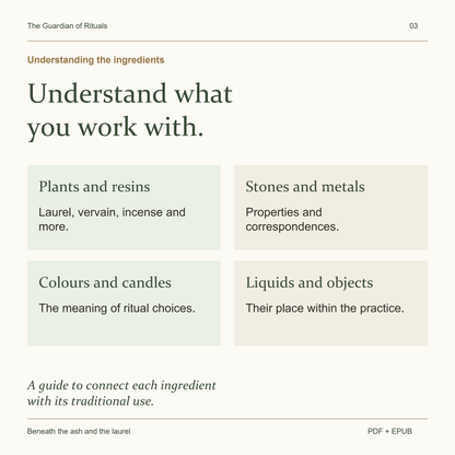 A guide to plants, resins, stones, metals, colours, candles, liquids and ritual objects.