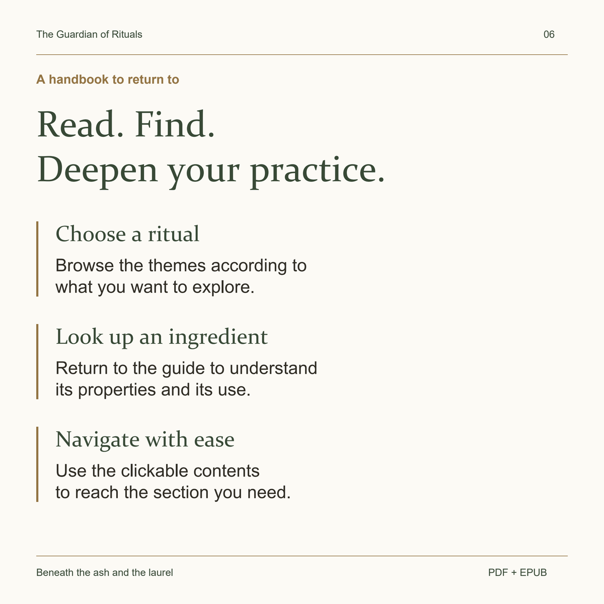 Choose a ritual, look up an ingredient and navigate using the clickable contents.