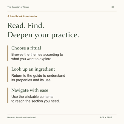Choose a ritual, look up an ingredient and navigate using the clickable contents.