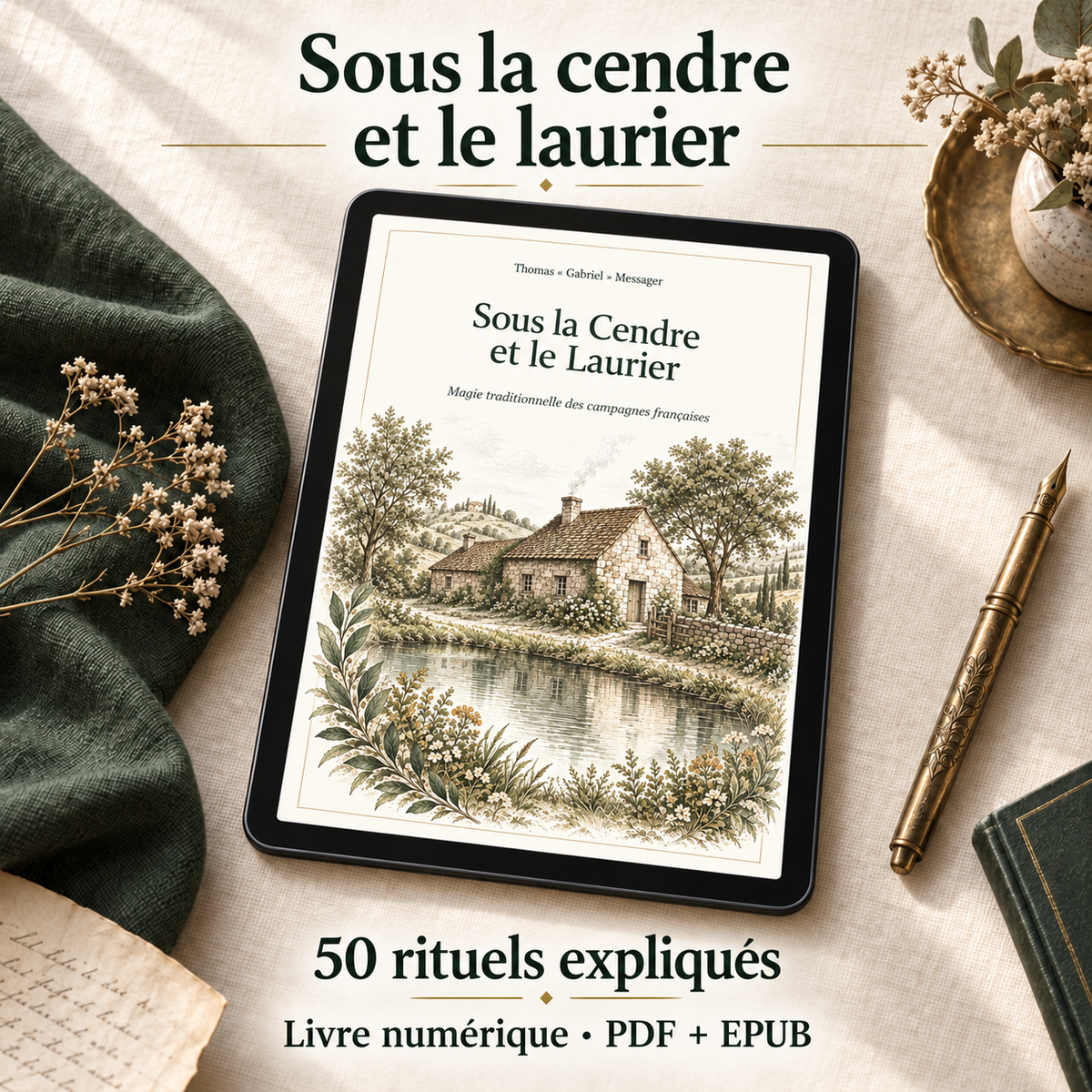 Sous la cendre et le laurier présenté sur tablette, 50 rituels expliqués, PDF et EPUB.
