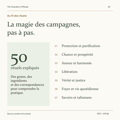 50 rituels répartis entre protection, chance, amour, libération, justice, foyer et talismans.