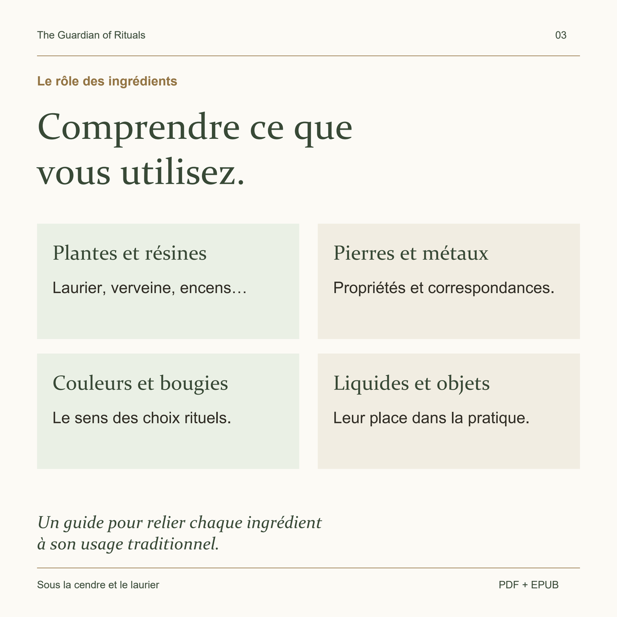 Un guide des plantes, résines, pierres, métaux, couleurs, bougies, liquides et objets rituels.