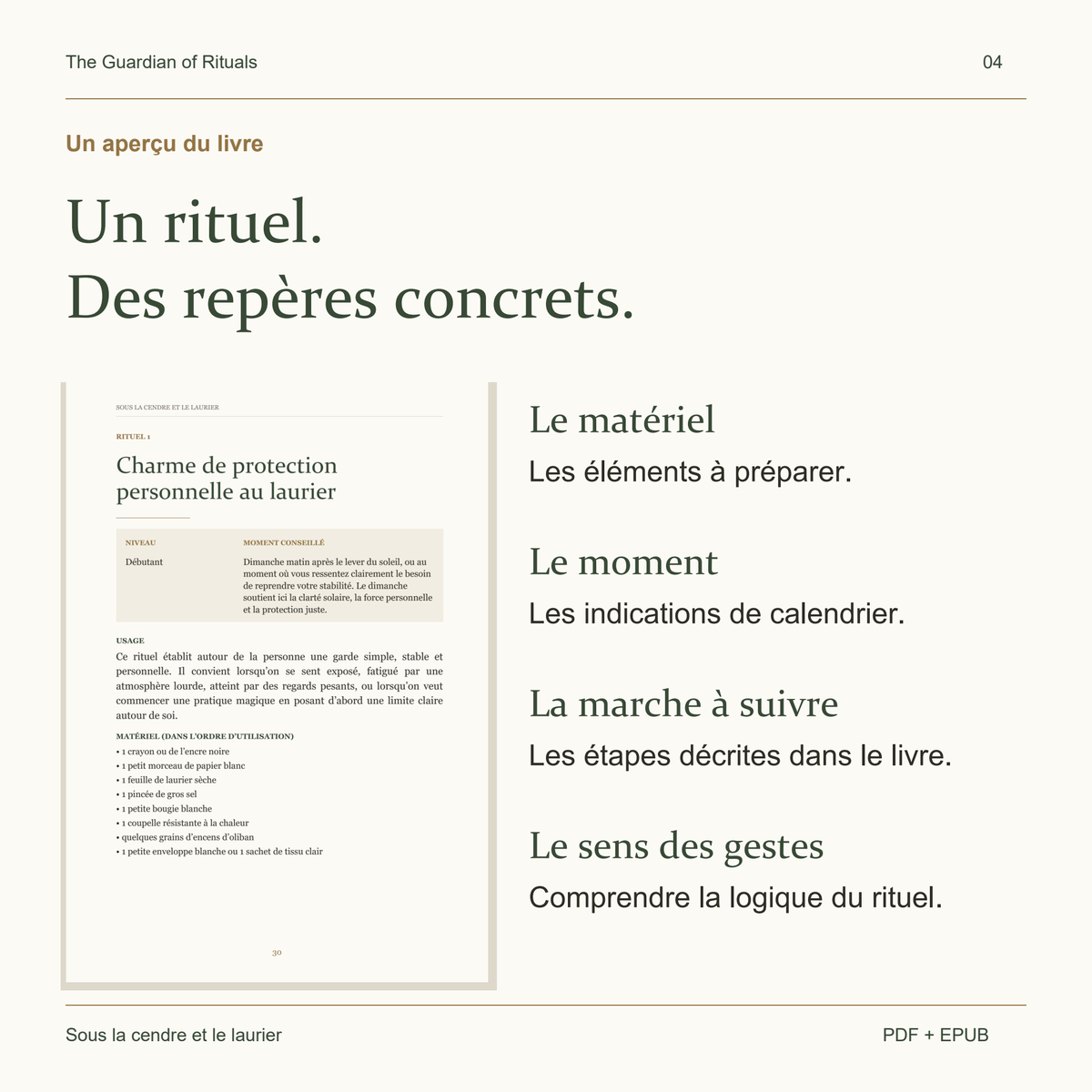 Extrait réel du livre français : charme de protection personnelle au laurier, avec les repères de préparation.