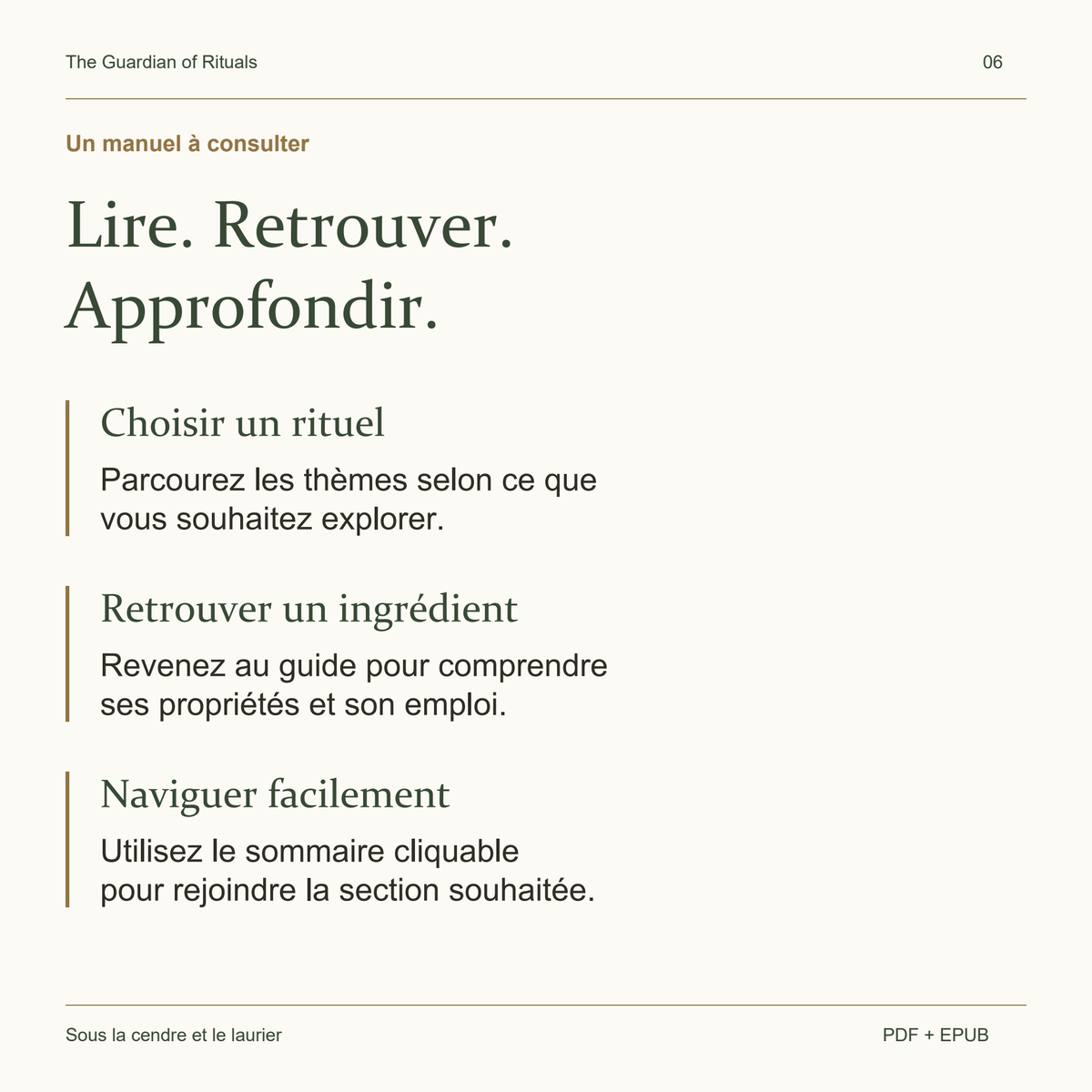 Choisir un rituel, retrouver un ingrédient et naviguer grâce au sommaire cliquable.