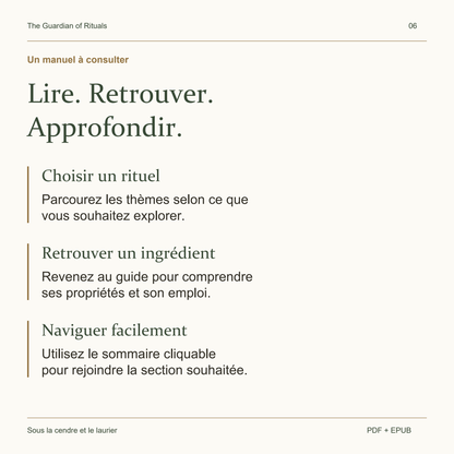 Choisir un rituel, retrouver un ingrédient et naviguer grâce au sommaire cliquable.