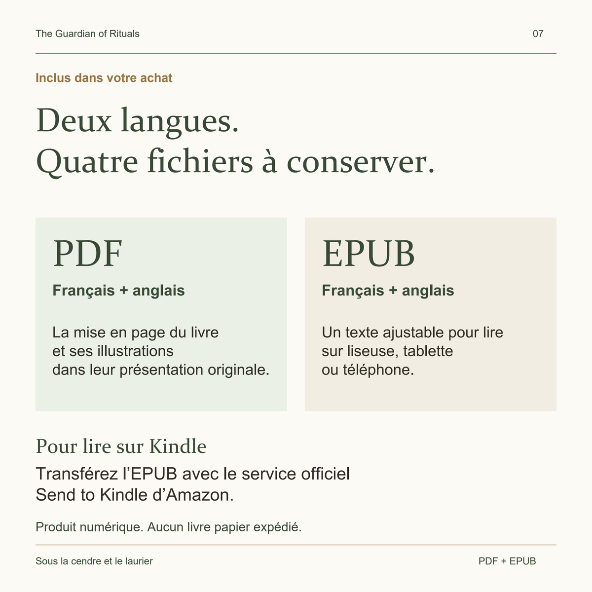 Quatre fichiers inclus : PDF et EPUB en français et en anglais, avec lecture Kindle via Send to Kindle.