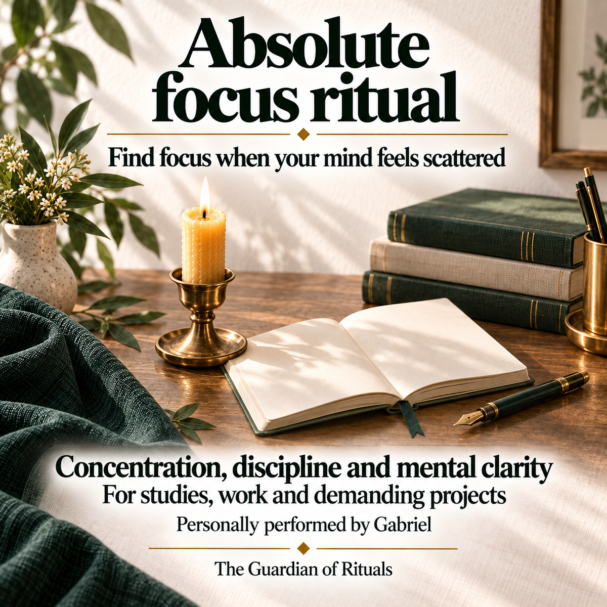 Absolute focus ritual, personally performed by Gabriel, centred on concentration, discipline and mental clarity for studies, work and demanding projects.