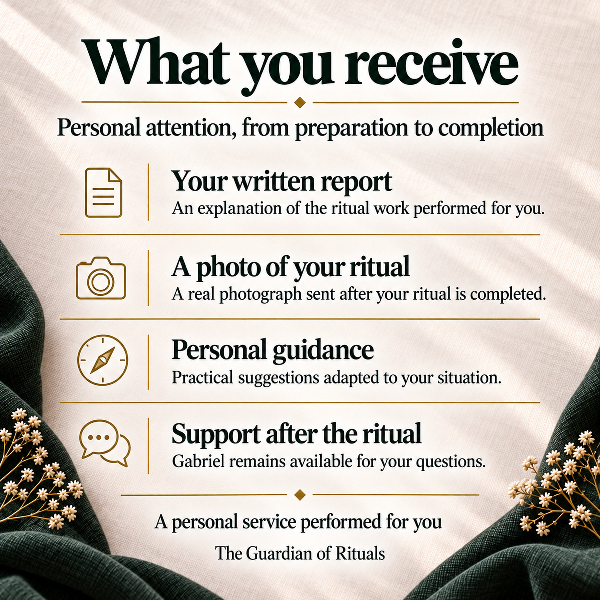What you receive after your Absolute focus ritual: a written report, a real photo of your ritual, personal guidance and support from Gabriel.