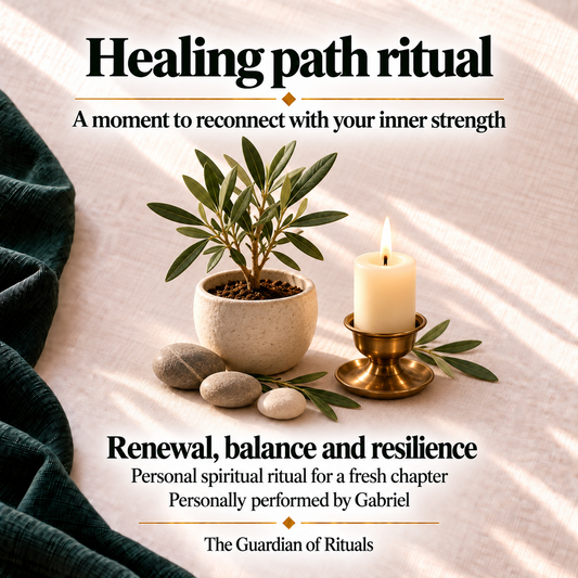 Healing path ritual, personally performed by Gabriel, focused on renewal, balance and resilience. Olive sapling, smooth stones and an ivory candle on a green and ivory background.