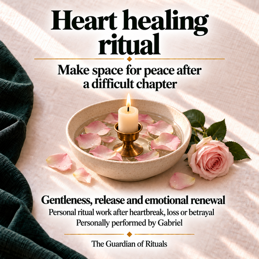Heart healing ritual, personally performed by Gabriel, focused on gentleness, release and emotional renewal after heartbreak, loss or betrayal. Rose petals, an ivory bowl and a candle on a green and ivory background.