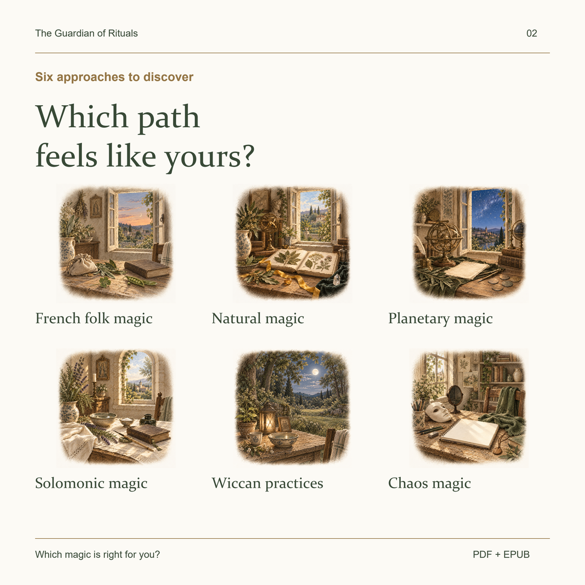 The six approaches in the book: French folk, natural, planetary, Solomonic, contemporary Wiccan and chaos magic.