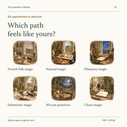 The six approaches in the book: French folk, natural, planetary, Solomonic, contemporary Wiccan and chaos magic.