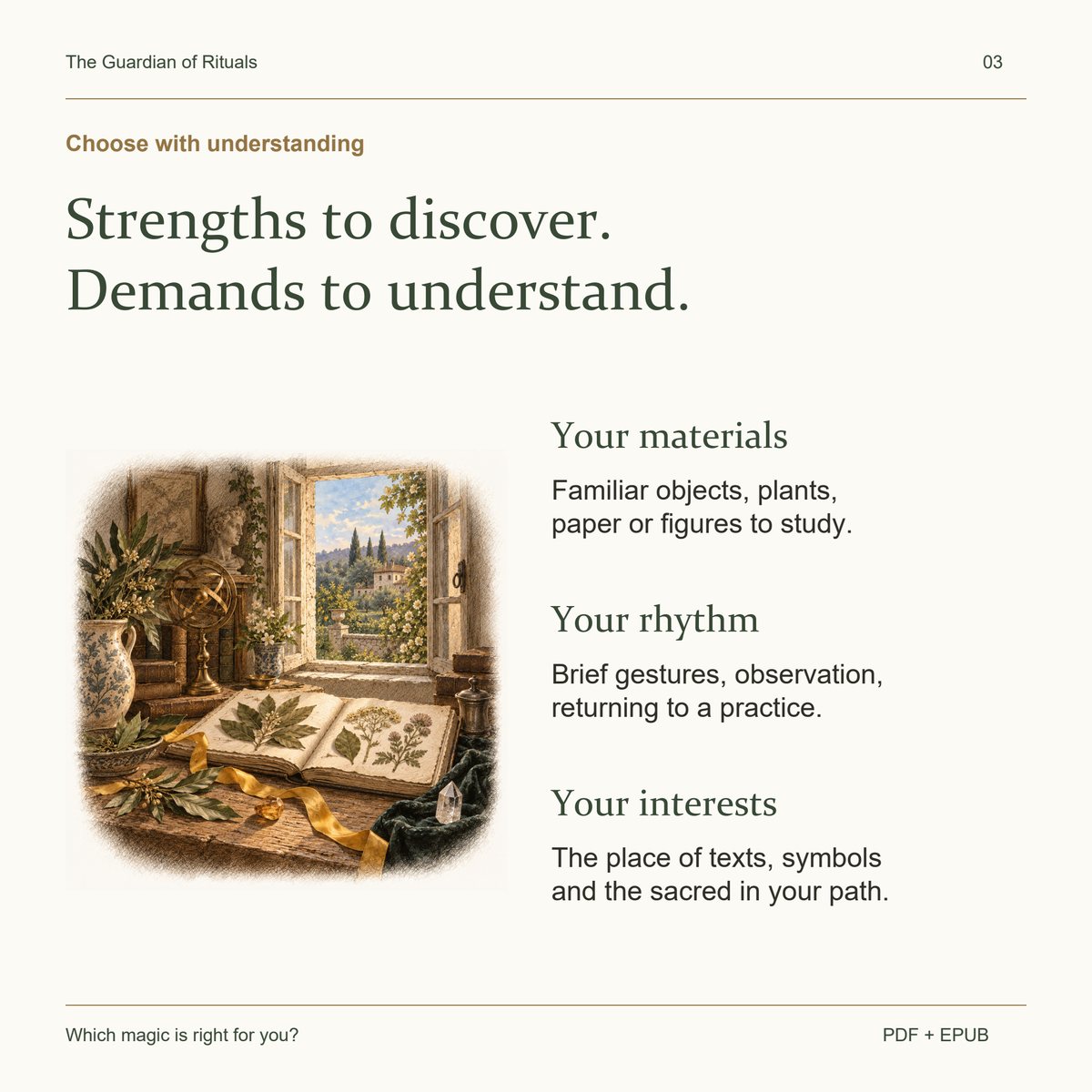 Compare materials, rhythm and the place of the sacred before choosing an approach.