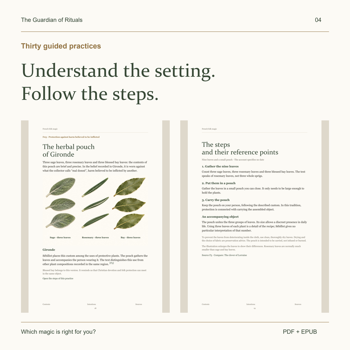 Actual pages 18 and 19 from the English PDF, the herbal pouch of Gironde and its steps.