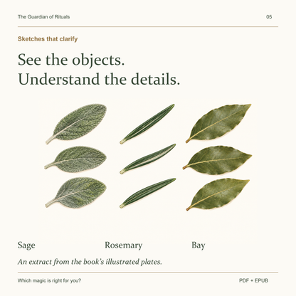 An illustrated plate from the book showing sage, rosemary and bay leaves.