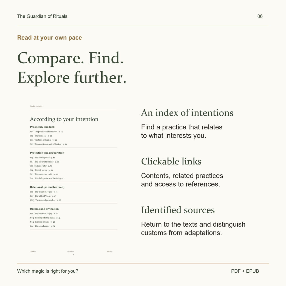 An index of intentions and clickable navigation between practices and sources.