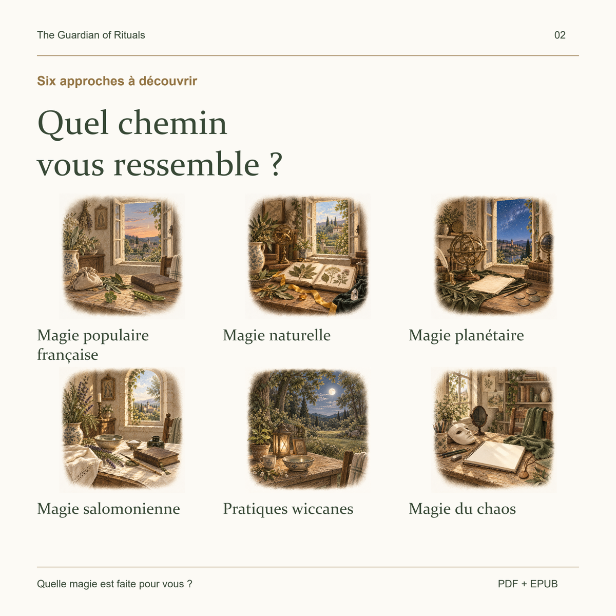 Les six approches du livre : magie populaire française, naturelle, planétaire, salomonienne, pratiques wiccanes et magie du chaos.