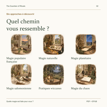 Les six approches du livre : magie populaire française, naturelle, planétaire, salomonienne, pratiques wiccanes et magie du chaos.