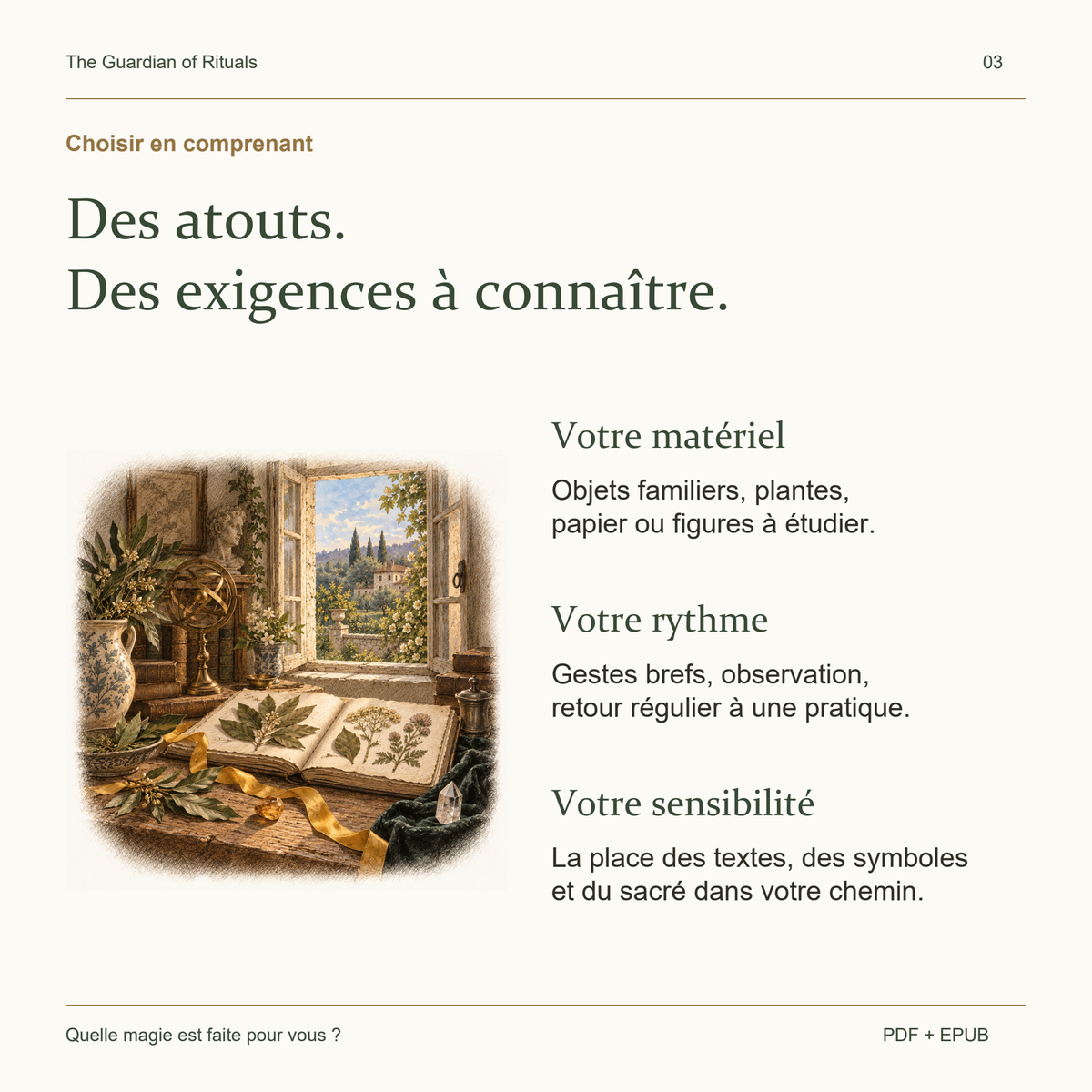 Comparer le matériel, le rythme et la place du sacré avant de choisir une approche.