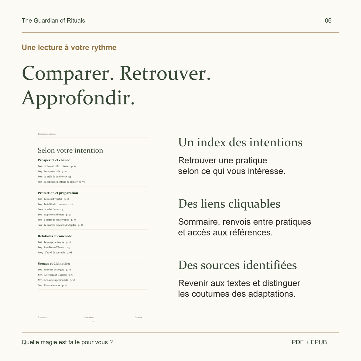 Index des intentions et navigation cliquable entre les pratiques et leurs sources.