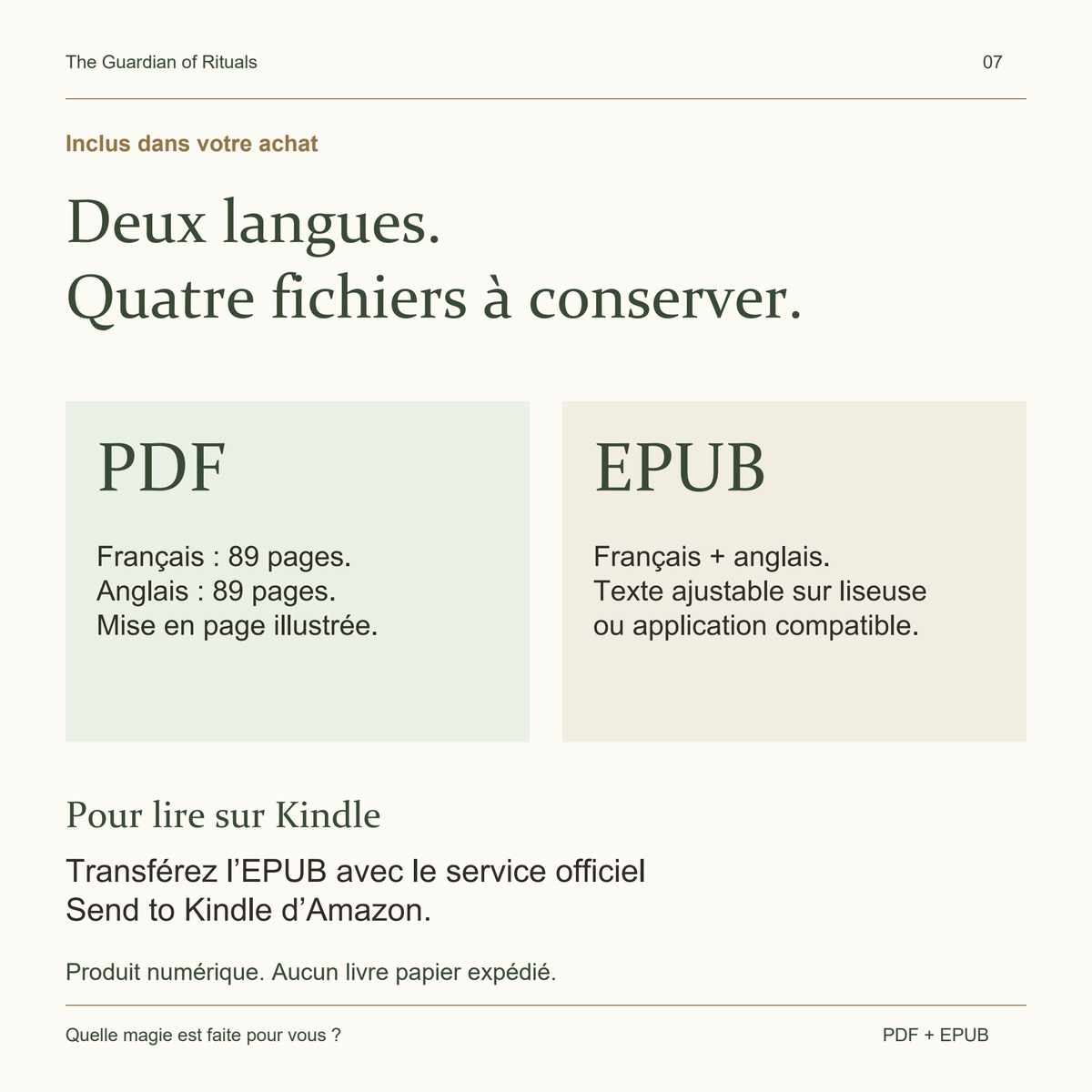 Quatre fichiers inclus : PDF français de 89 pages, PDF anglais de 89 pages et EPUB dans les deux langues.