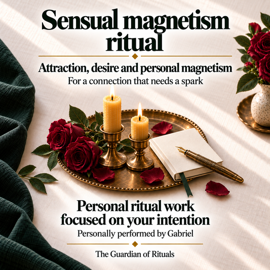 Sensual magnetism ritual, personally performed by Gabriel, focused on attraction, desire and personal magnetism. Ivory, green and burgundy illustration with roses and candles.