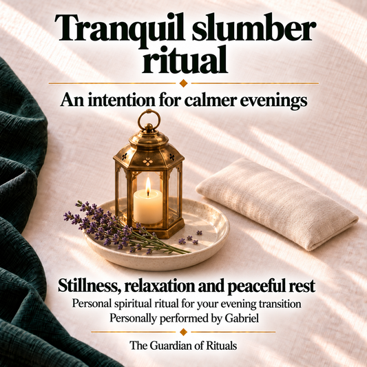 Tranquil slumber ritual, personally performed by Gabriel, focused on stillness, relaxation and peaceful rest for calmer evenings. Brass lantern with a candle, lavender and an ivory eye pillow.