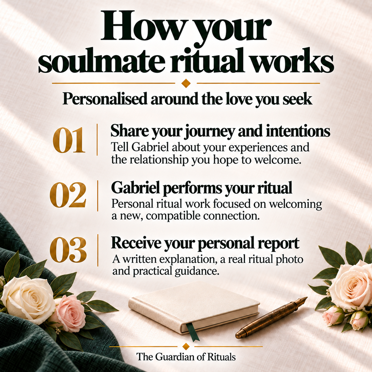 How your soulmate ritual works: share your journey and the relationship you hope to welcome, Gabriel performs your ritual, then sends a written report, real ritual photo and practical guidance.