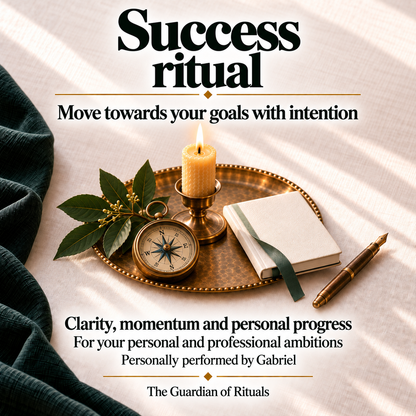 Success ritual, personally performed by Gabriel, focused on clarity, momentum and progress towards personal and professional goals. Brass compass, candle and ivory notebook.