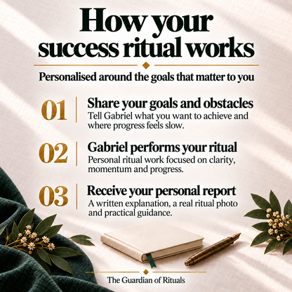 How your success ritual works: share your goals and obstacles, Gabriel performs a personal ritual focused on clarity and momentum, then sends a written report, real ritual photo and practical guidance.