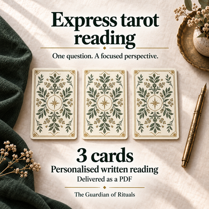 Express Tarot Reading; 3 Cards. Personalised written Marseille tarot reading delivered as a PDF, illustrated with 3 decorative card backs on ivory linen.