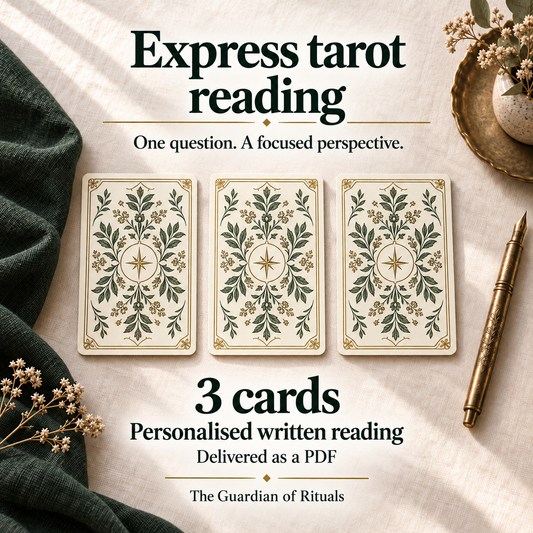 Express Tarot Reading; 3 Cards. Personalised written Marseille tarot reading delivered as a PDF, illustrated with 3 decorative card backs on ivory linen.