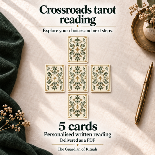 The Crossroads Tarot Reading; 5 Cards. Personalised written Marseille tarot reading delivered as a PDF, illustrated with 5 decorative card backs on ivory linen.