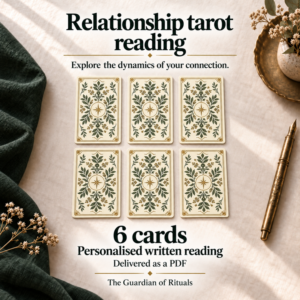 Relationship Tarot Reading; 6 Cards. Personalised written Marseille tarot reading delivered as a PDF, illustrated with 6 decorative card backs on ivory linen.