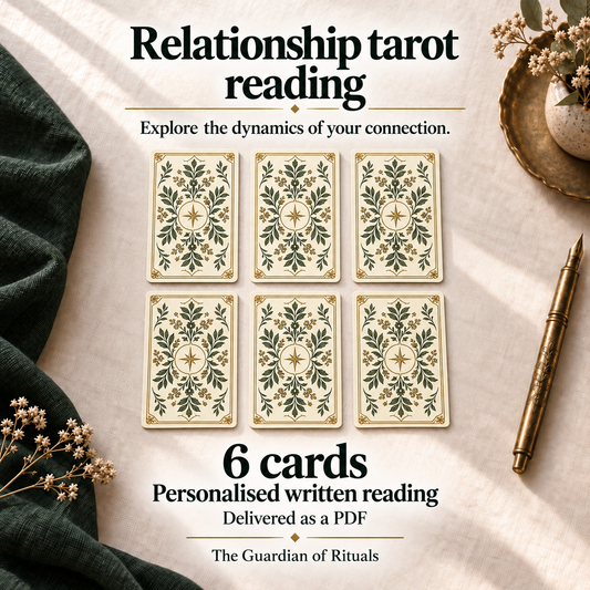 Relationship Tarot Reading; 6 Cards. Personalised written Marseille tarot reading delivered as a PDF, illustrated with 6 decorative card backs on ivory linen.